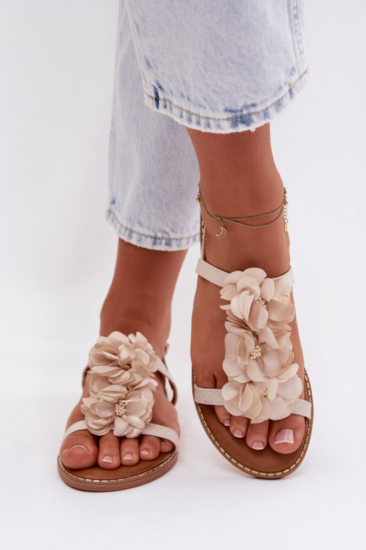 Flache Sandalen für Damen Mit Dekorationeni mit floralen Motivenkami elfenbeinfarbe Noemia