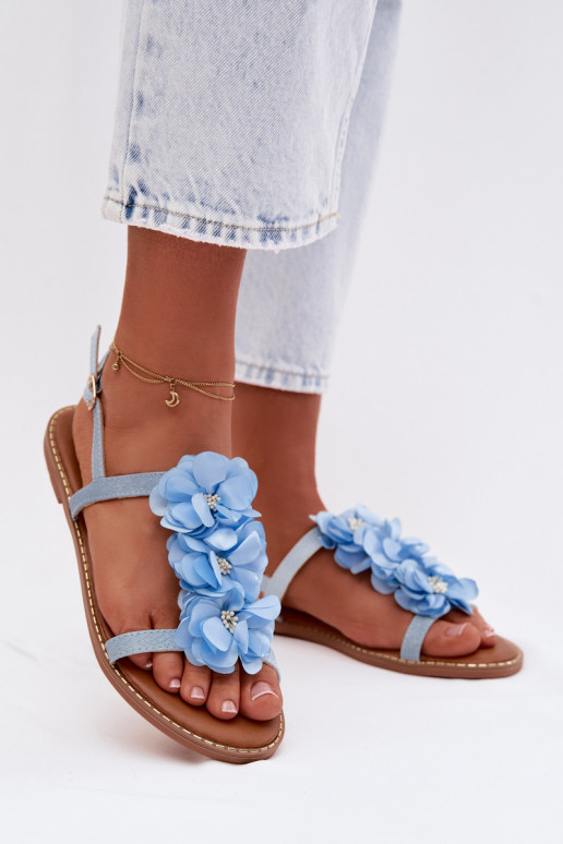 Flache Sandalen für Damen Mit Dekorationeni mit floralen Motivenkami blaue Farbe Noemia