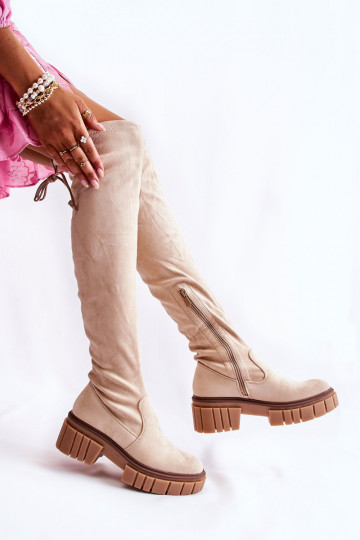 Damen-Overknee-Stiefel aus Wildleder über dem Knie elfenbeinfarbene Farbe Cheera 2