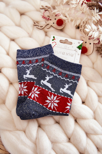 Damen-Weihnachtssocken mit Glitzer Rentier dunkelblaue Farbe