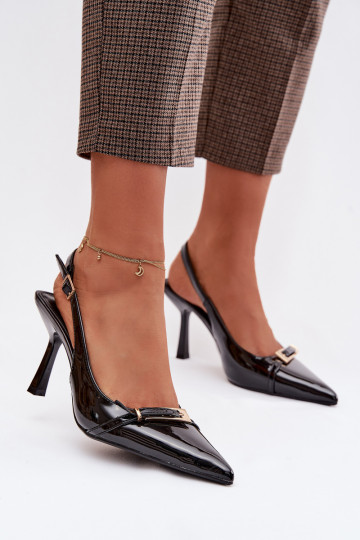 Lackierte Sandalen für Damen mit dünnen Absätzen mit goldenen Schnallen schZuarze Farbe Bellivra 2