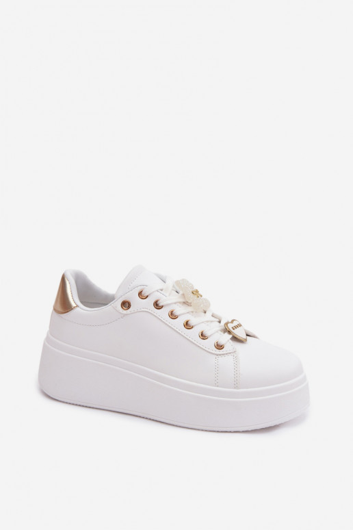 Sneakers Stilvollllschuhe Feminin mit einer PlattformPrzypinkami Teddybären mit Herzen INeiß-goldene Farbe Selorissa