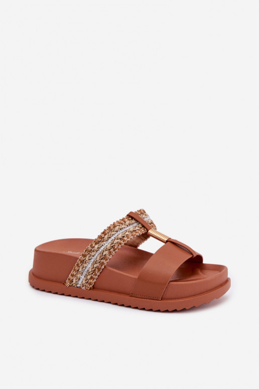 Damenhausschuhe mit einer Plattform mit Streifen I goldene Farbem Detalem braune Farbe Tahlia