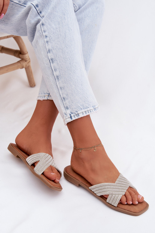 Damenhausschuhe mit breiten Absätzen mit blitzenden Augen Silberfarbe Zinnia