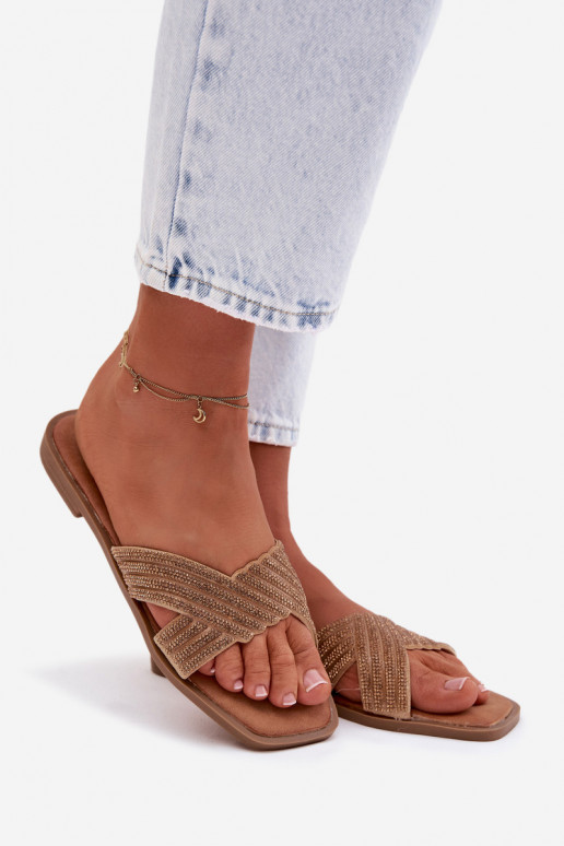 Damenhausschuhe mit breiten Absätzen mit blitzenden Augen goldene Farbe Zinnia