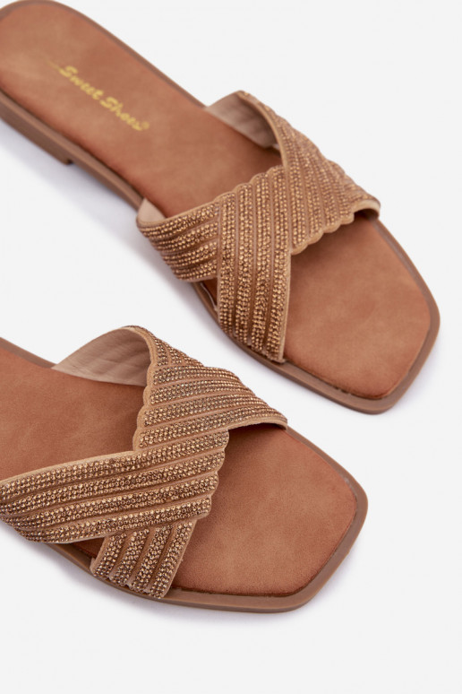 Damenhausschuhe mit breiten Absätzen mit blitzenden Augen goldene Farbe Zinnia