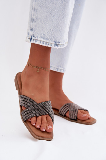 Damen-Pantoletten mit breiten Absätzen und glitzernden Steinchen, schwarz, Zinnia