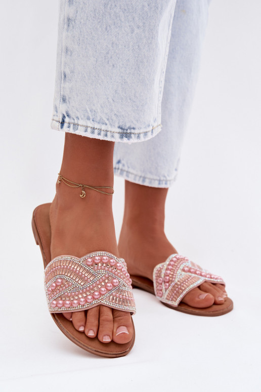 Dekoriert Hausschuhe mit breiten Absätzen pinke Farbe Dovima