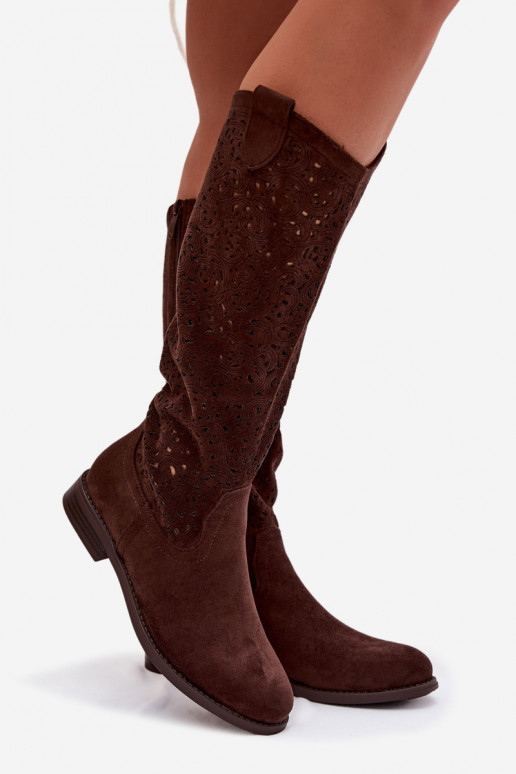 mit durchbrochenen Elementen Damenstiefel mit breiten Absätzen S.Barski HY61-8023 CzekoladoZue