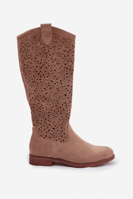 mit durchbrochenen Elementen Damenstiefel mit breiten Absätzen S.Barski HY61-8023 Beige
