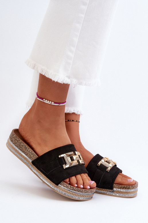 Damen-Plateaupantoffeln mit Verzierung schZuarze Farbe Vapireta