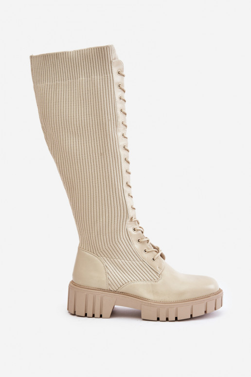 Damenstiefel mit sockenartiger Innensohle mit Schnürsenkeln mit breiten Absätzen Beige Vamisha