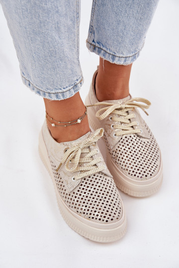 Durchbrochenes INildleder Schuhe Feminin mit einer Plattform Artiker 56C2108 Beige-goldene Farbe