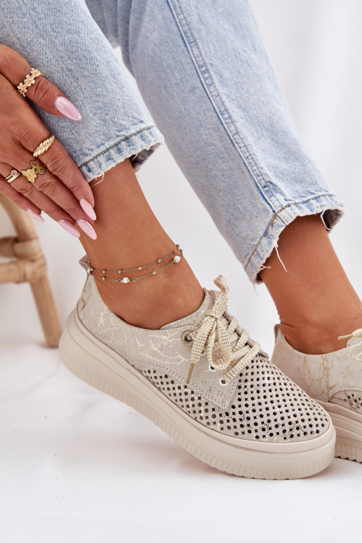 Durchbrochenes INildleder Schuhe Feminin mit einer Plattform Artiker 56C2108 Beige-goldene Farbe