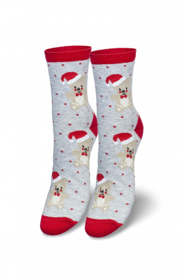 Damen Weihnachtssocken mit Teddybären und Weihnachtsmann grau