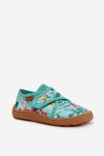 Hausschuhe Kindisch mit Klebeverschlüssen Barefoot mit floralen Motiven Liście Froddo G1700438-14 Mintfarbe