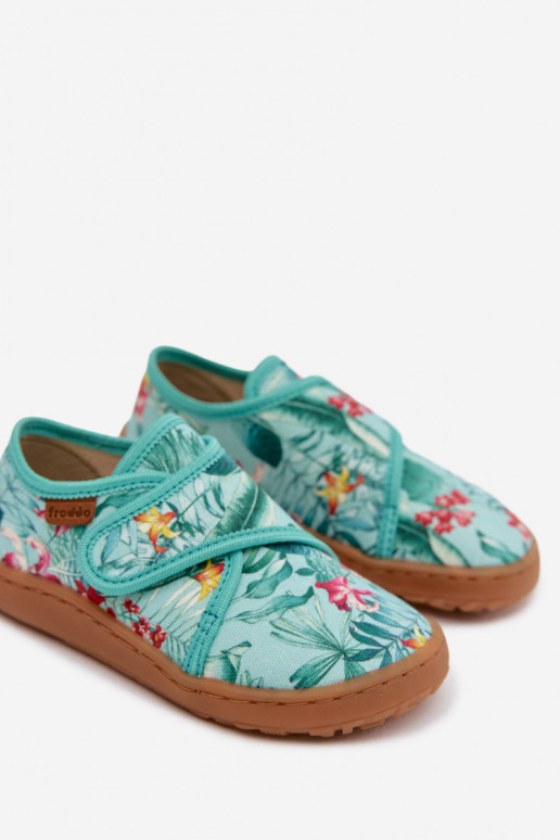 Hausschuhe Kindisch mit Klebeverschlüssen Barefoot mit floralen Motiven Liście Froddo G1700438-14 Mintfarbe