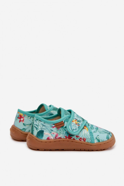 Hausschuhe Kindisch mit Klebeverschlüssen Barefoot mit floralen Motiven Liście Froddo G1700438-14 Mintfarbe