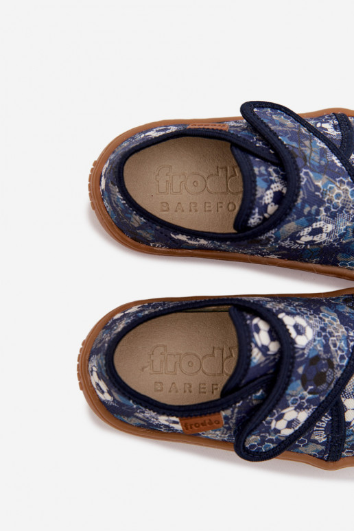 Hausschuhe Kindisch Jungen mit Klebeverschlüssen Barefoot Bälle Froddo G1700438-6 Dunkelblau
