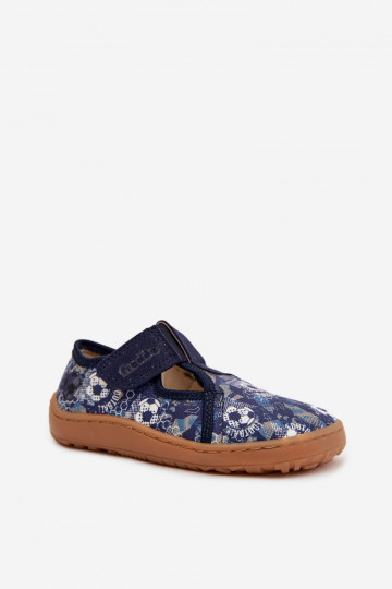 Hausschuhe Kindisch mit Klebeverschlüssen Barefoot Bälle Froddo Cannvas G1700439-5 blaue Farbe