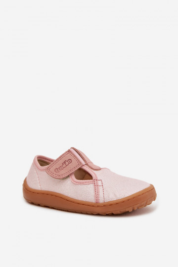 Hausschuhe Kindisch mit Klebeverschlüssen mit Glanz Barefoot Froddo Cannvas G1700439-2 pinke Farbe
