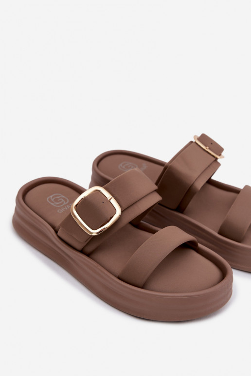  Damenhausschuhe mit einer Plattform mit Streifen I Złotą mit Schnallen Khaki-Farbe Ameliette