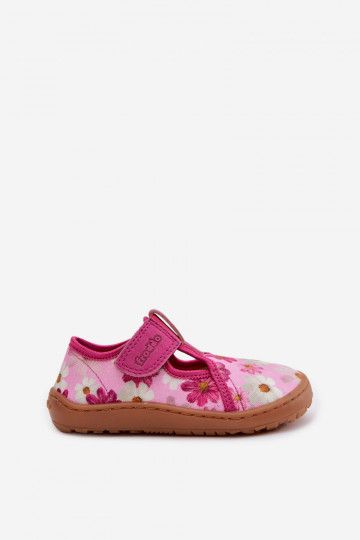 Hausschuhe Kindisch mit Klebeverschlüssen mit Blumen Barefoot Froddo Cannvas G1700439-4 pinke Farbe 2