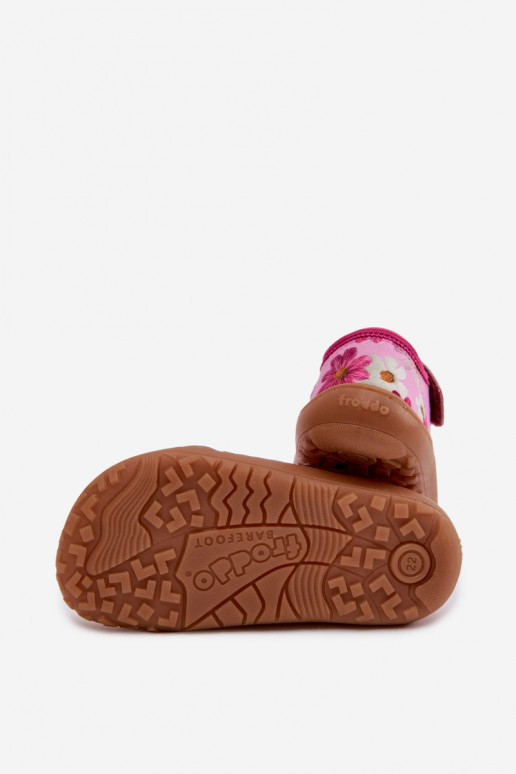 Hausschuhe Kindisch mit Klebeverschlüssen mit Blumen Barefoot Froddo Cannvas G1700439-4 pinke Farbe