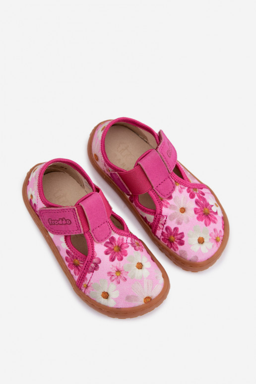 Hausschuhe Kindisch mit Klebeverschlüssen mit Blumen Barefoot Froddo Cannvas G1700439-4 pinke Farbe