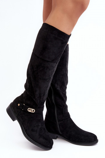 Wärmende Wildleder-Overknee-Stiefel mit breiten Absätzen S.Barski HY07-31 in Schwarz