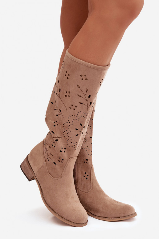 Chaki-farbene Damen überknie Stiefel mit durchbrochenen Elementen Helinna