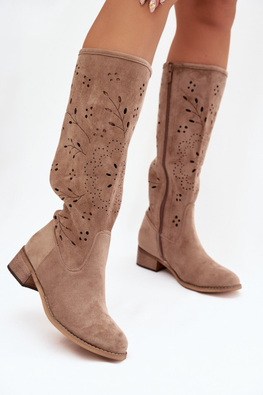 Sandfarbene Damen überknie Stiefel mit durchbrochenen Elementen Helinna