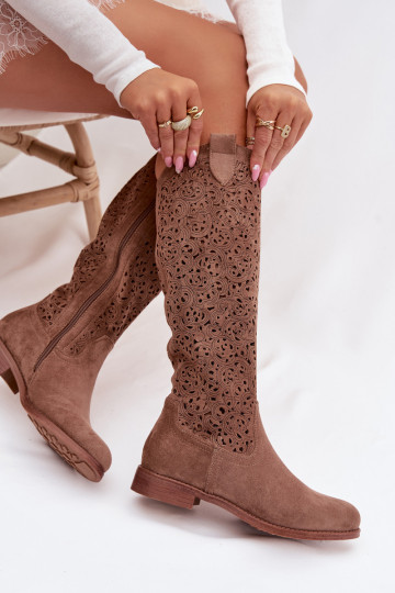 mit durchbrochenen Elementen Damenstiefel mit breiten Absätzen S.Barski HY61-8023 braune Farbe