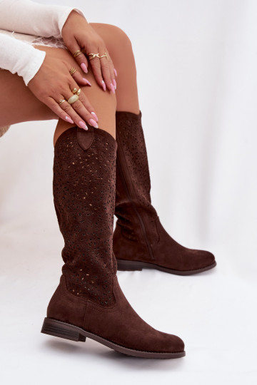 mit durchbrochenen Elementen Damenstiefel mit breiten Absätzen S.Barski HY61-8023 CzekoladoZue