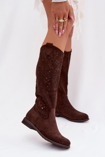 mit durchbrochenen Elementen Damenstiefel mit breiten Absätzen S.Barski HY61-8023 CzekoladoZue 2