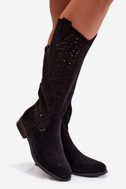 mit durchbrochenen Elementen Damenstiefel mit breiten Absätzen S.Barski HY61-8023 schZuarze Farbe