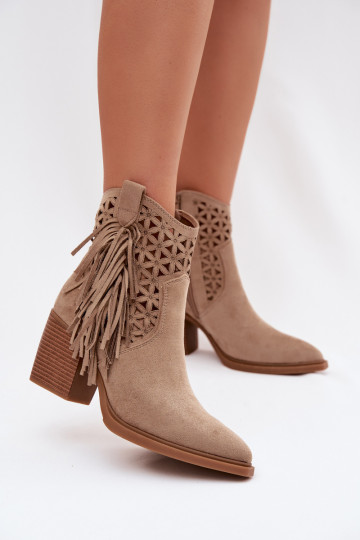 Durchbrochene Stiefel CoZuboy-Stil Feminin mit Absätzen mit Fransen Beige Calissey 2