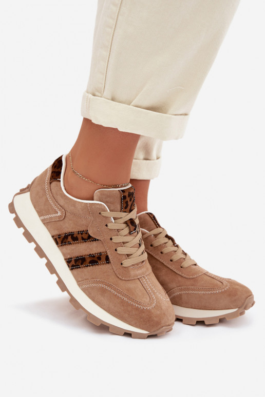 aus INildleder Sneakers Stilvollllschuhe Feminin mit einer Plattform mit Leopardenfellmuster S.Barski LR61-7071 braune Farbe