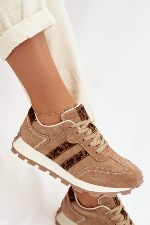 aus INildleder Sneakers Stilvollllschuhe Feminin mit einer Plattform mit Leopardenfellmuster S.Barski LR61-7071 braune Farbe