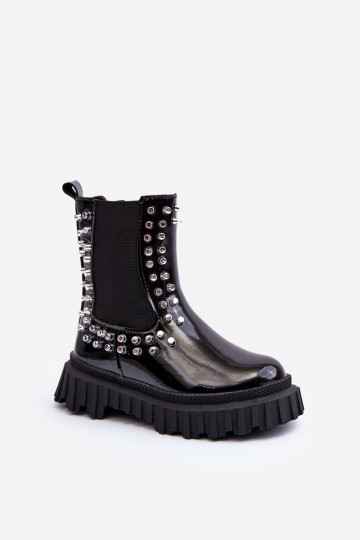 Stylische Kinderstiefel mit Lackeffekt verziert mit Strass in Schwarz Adelie