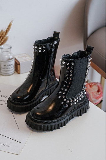 Stylische Kinderstiefel mit Lackeffekt verziert mit Strass in Schwarz Adelie 2