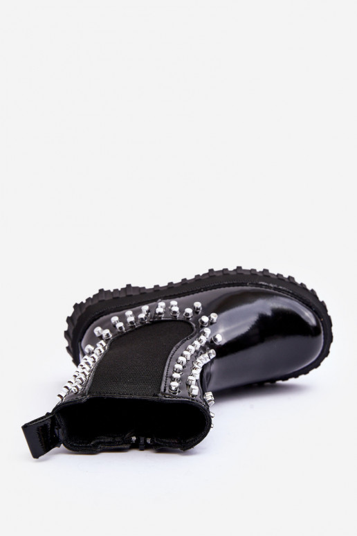 mit Lackeffekt stylische Stiefel Kindisch Dekoriert Mit Strasssteinen schZuarze Farbe Adelie