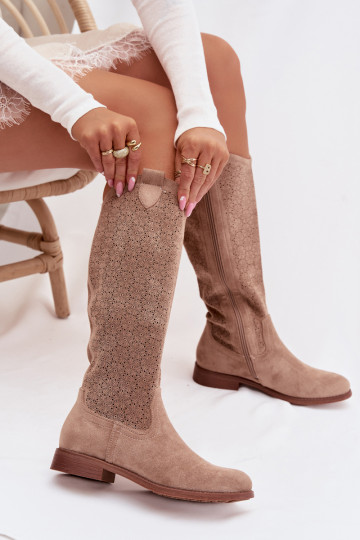 Damen Stiefel mit Lochmuster und breiten Absätzen S.Barski HY61-8022, sandfarbe