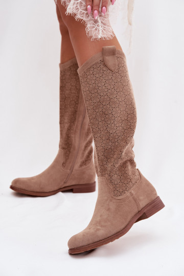 Damen Stiefel mit Lochmuster und breiten Absätzen S.Barski HY61-8022, sandfarbe 2