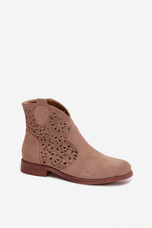 Ajourierte Damen-Stiefeletten mit breiten Absätzen S.Barski HY61-8026 sandfarbene Farbe