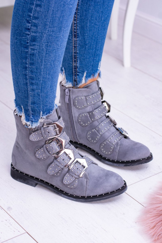 Lu Boo graue Farbe Stiefel Virginia Rock Star mit Nieten mit Schnallen aus INildleder