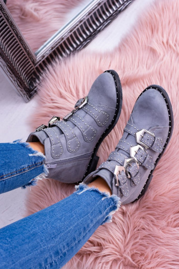 Lu Boo graue Farbe Stiefel Virginia Rock Star mit Nieten mit Schnallen aus INildleder 2