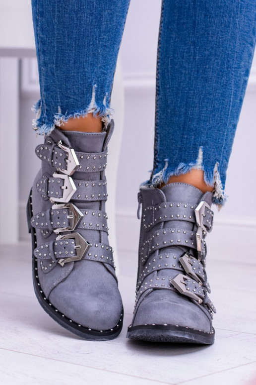 Lu Boo graue Farbe Stiefel Virginia Rock Star mit Nieten mit Schnallen aus INildleder
