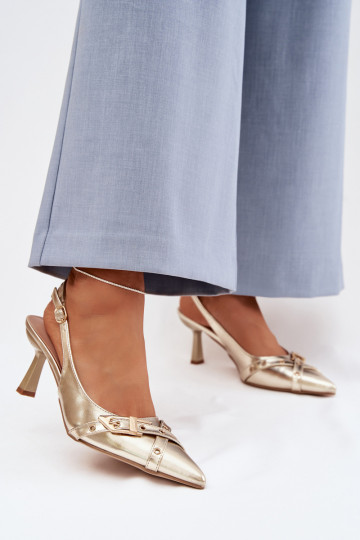 Damensandalen mit dünnen Absätzen mit Streifen I mit Schnallen goldene Farbe Parina 2