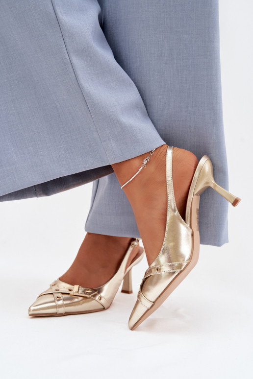 Damensandalen mit dünnen Absätzen mit Streifen I mit Schnallen goldene Farbe Parina